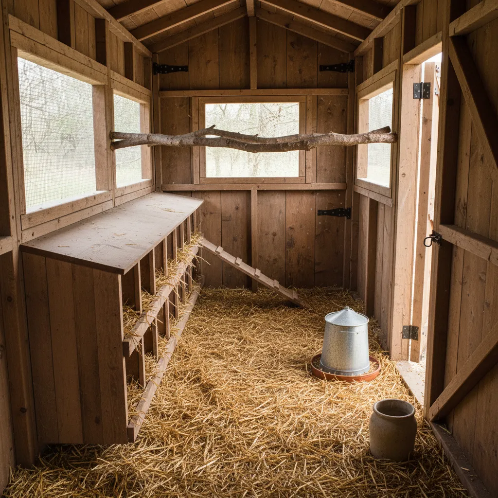Interior de gallinero dividido en zonas de perchas, nidos y alimentación