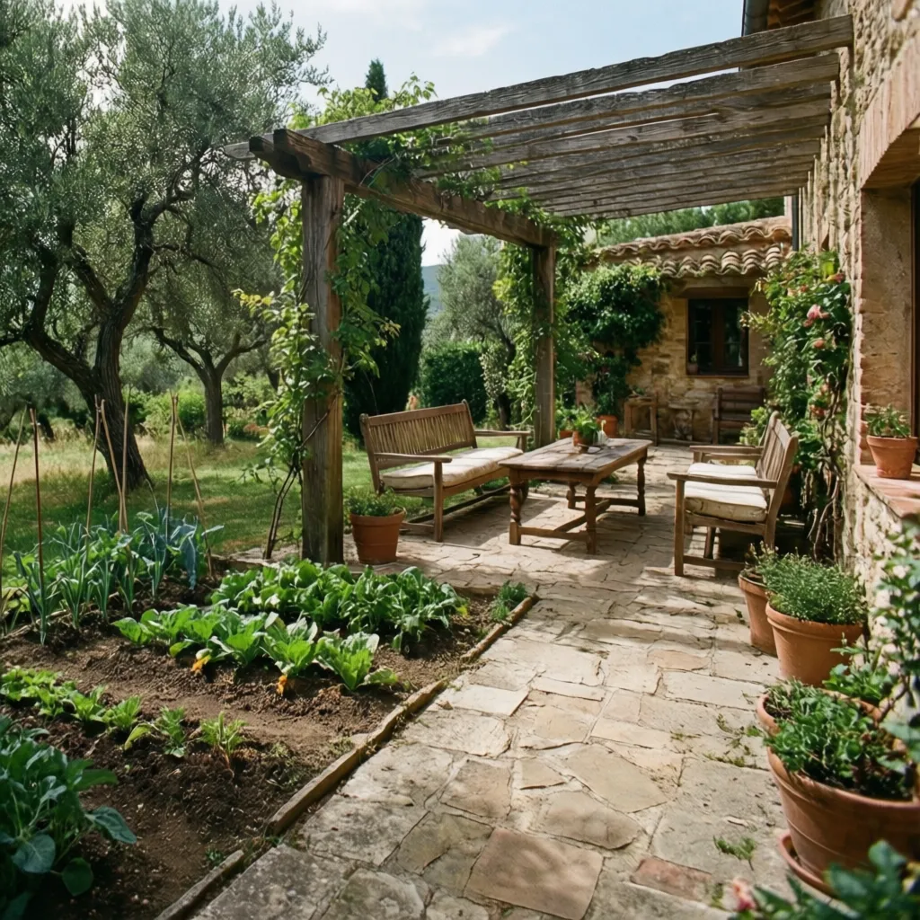 Jardín de casa de campo dividido en zona de descanso y huerto