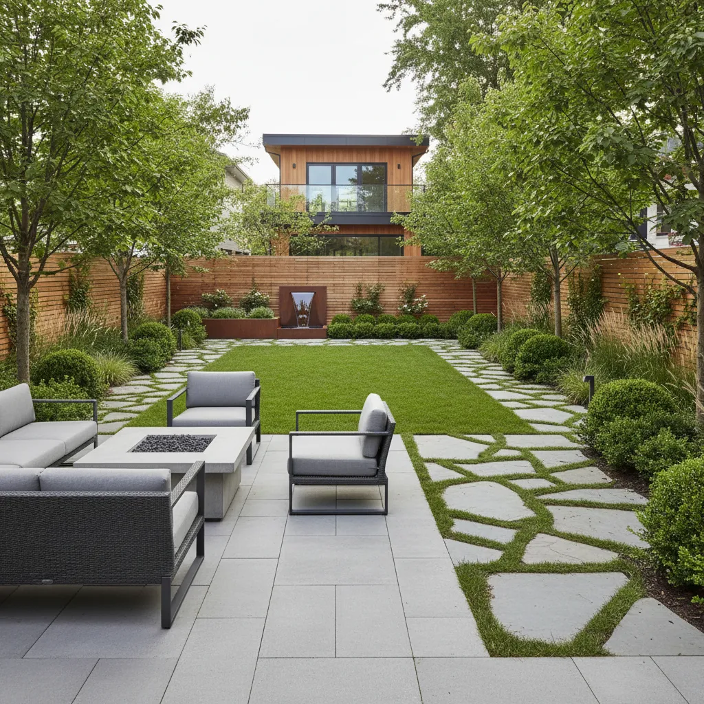 Jardín residencial dividido en zonas con caminos y áreas de descanso