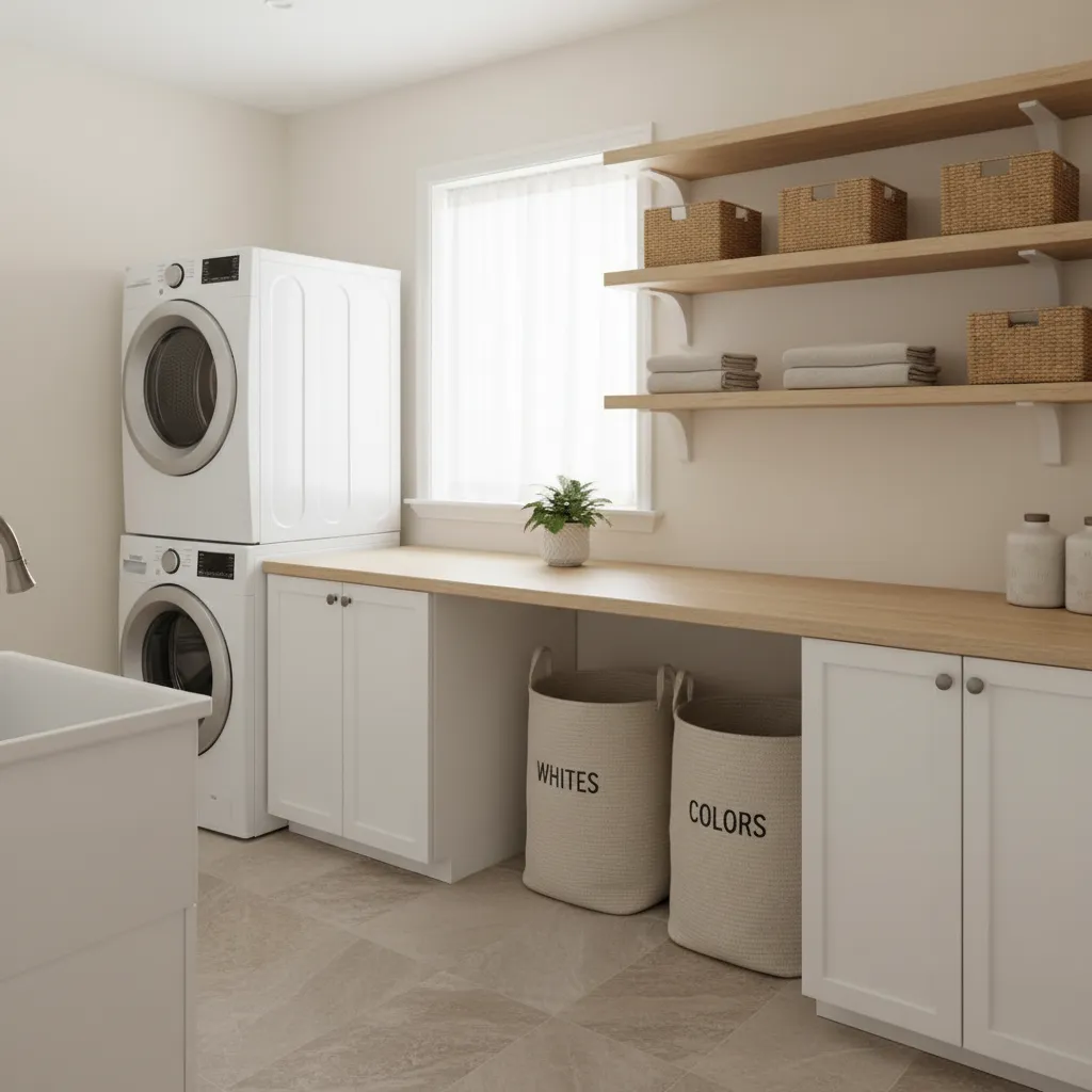 Lavadero doméstico con zonas de lavado, secado y almacenamiento