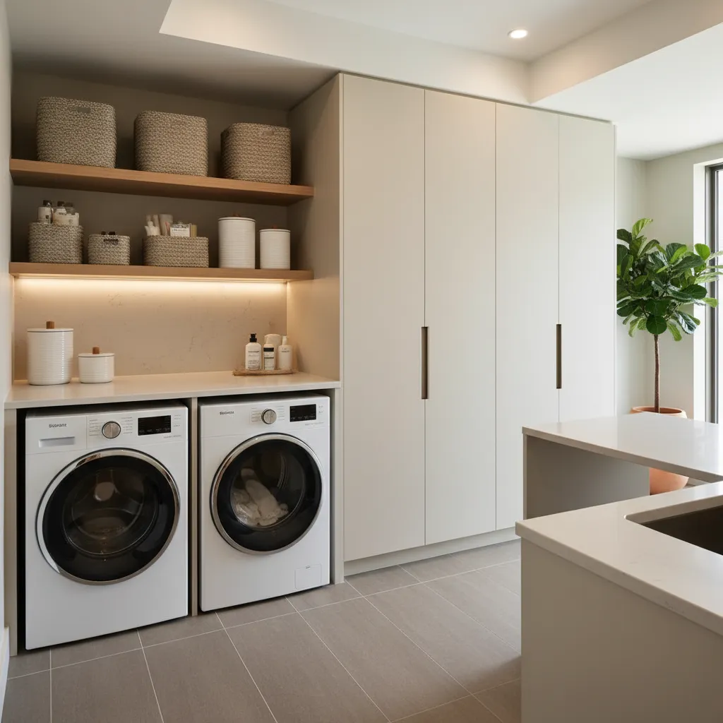 Minimalist laundry area featuring white washing machines beige storage cabinets wooden shelves and a green plant