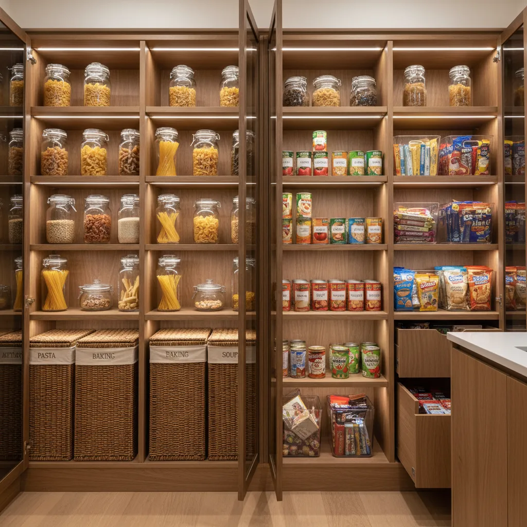 Large wooden pantry cabinet with glass doors lighted shelves glass jars cans and woven baskets