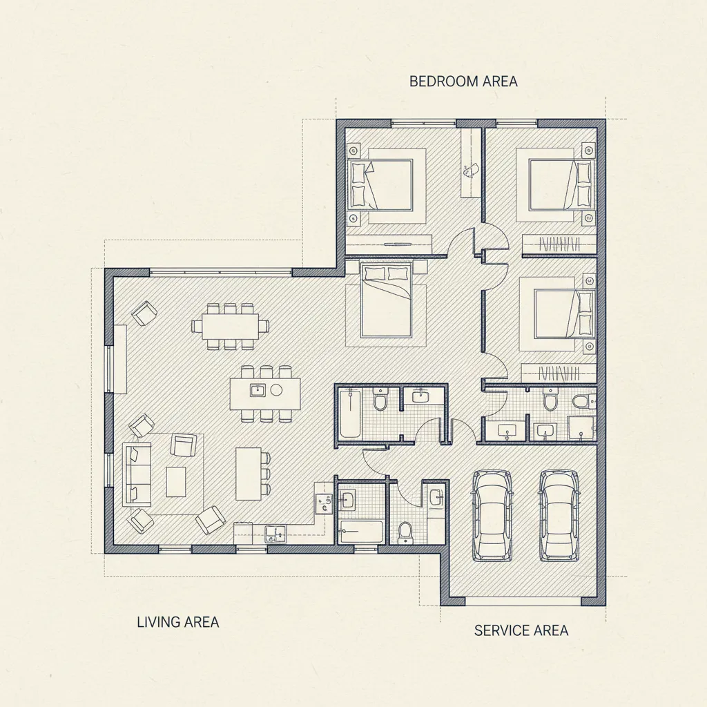 Plano de casa mostrando zonas social, privada y de servicio