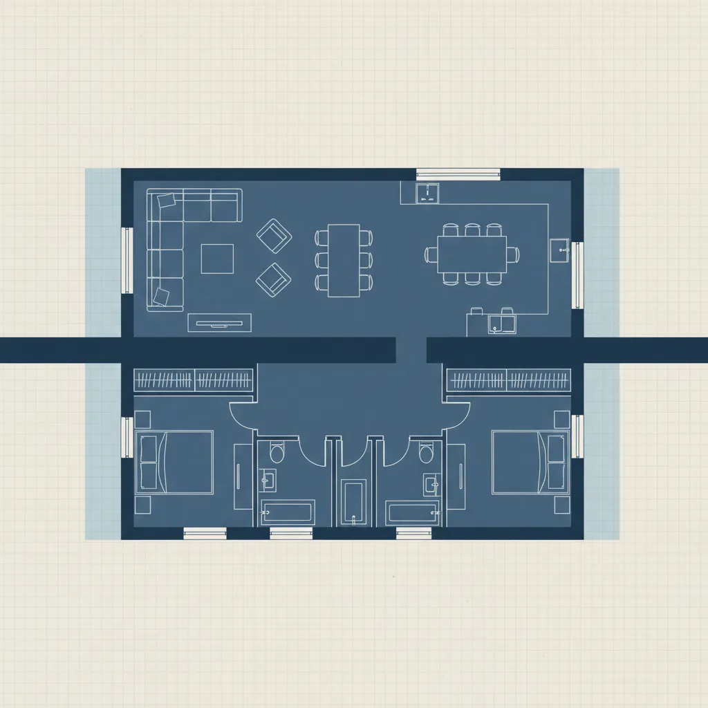 Plano de vivienda mostrando separación entre zonas públicas y privadas