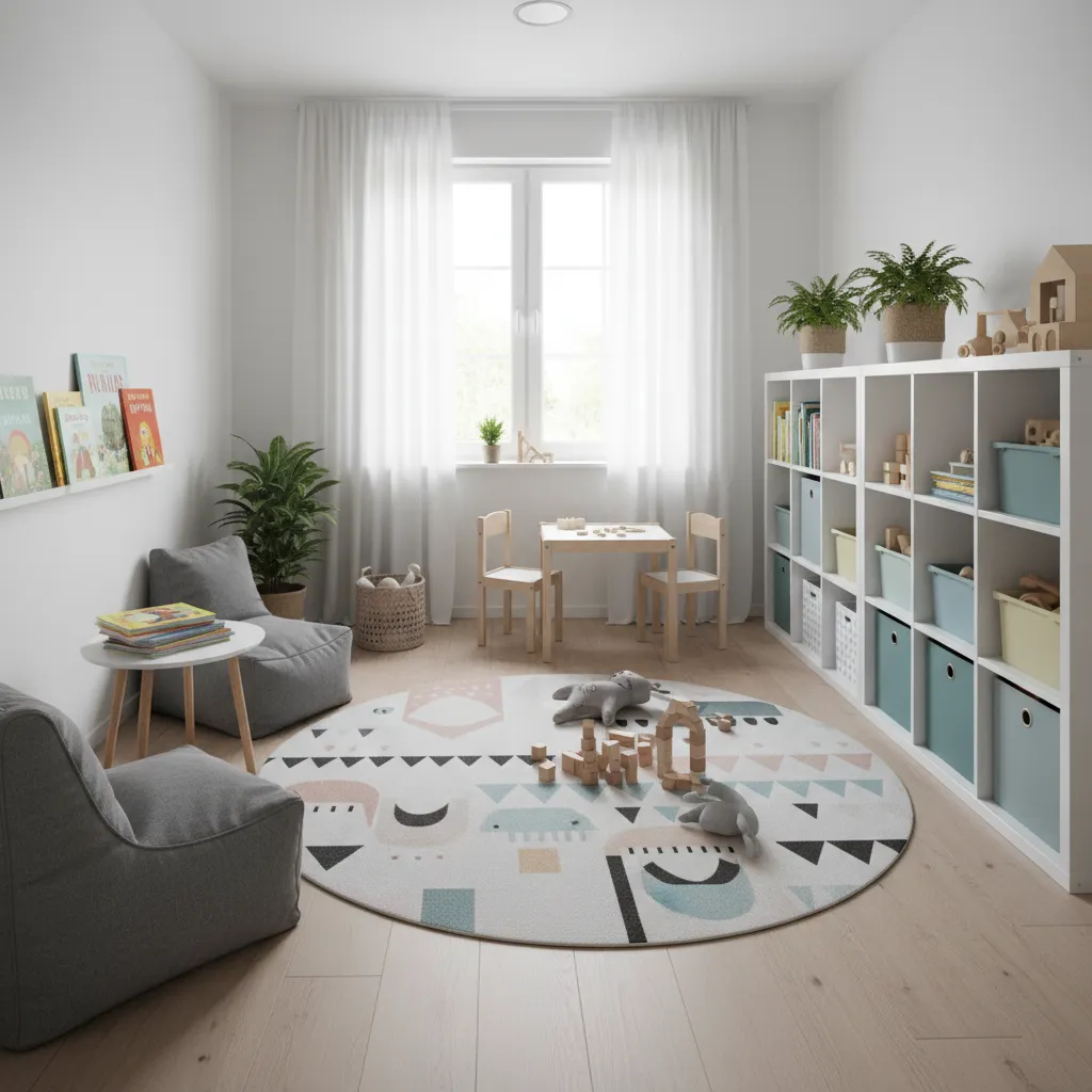 Bright playroom with white storage unit gray bean bags round patterned rug and small wooden table