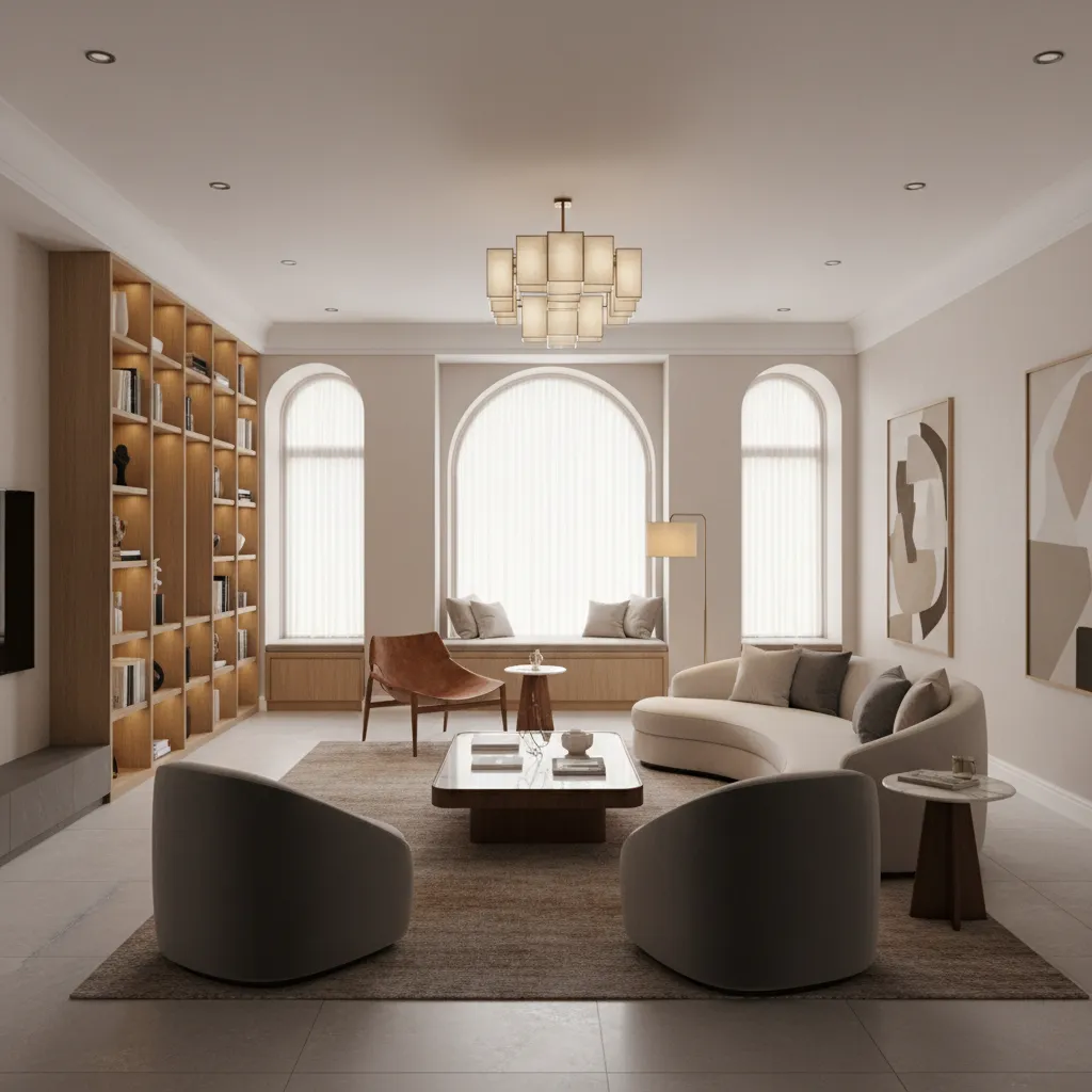 Living room with curved white sofa, round armchairs, wooden bookshelf, arched windows and ceiling light