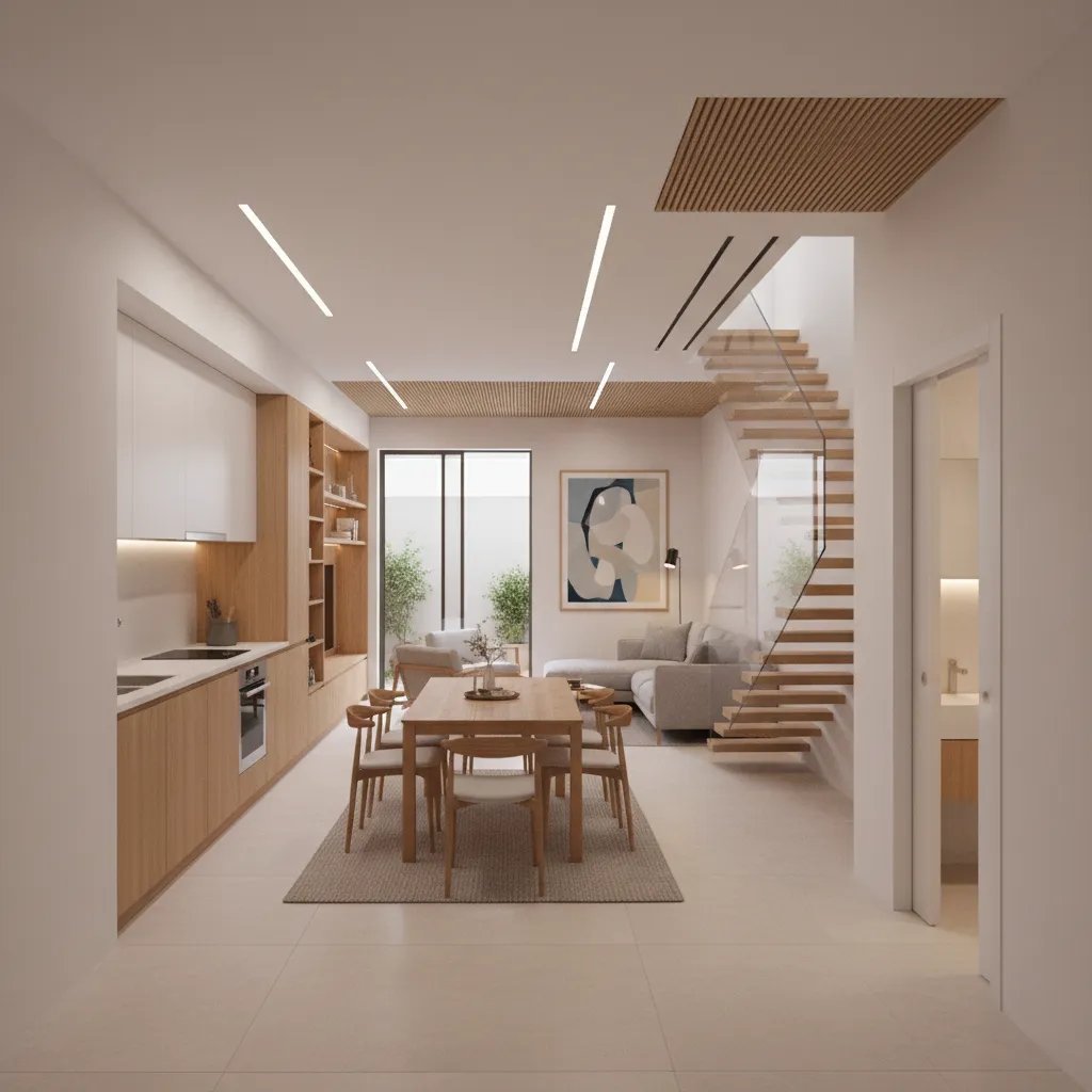 Open-plan ground floor with parallel kitchen, dining, living, and a powder room near the stair core