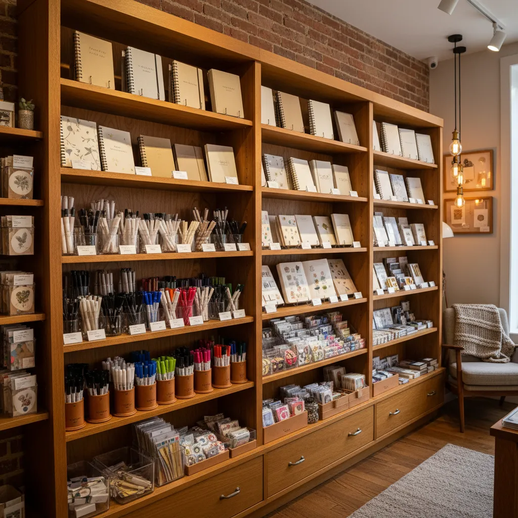 Wooden shelves displaying notebooks and pens against a brick wall with a comfortable armchair nearby