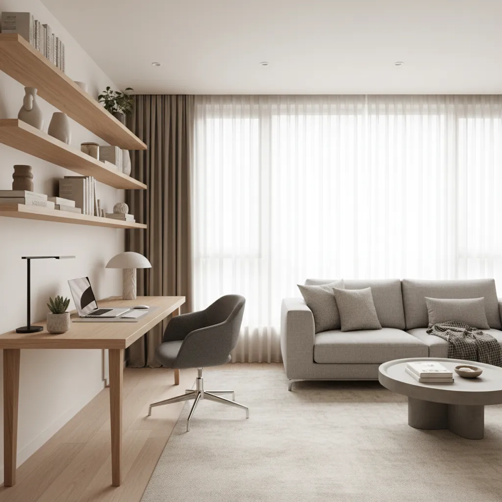 Modern living room workspace with wooden desk, laptop, grey chair, wall shelves, and grey sofa