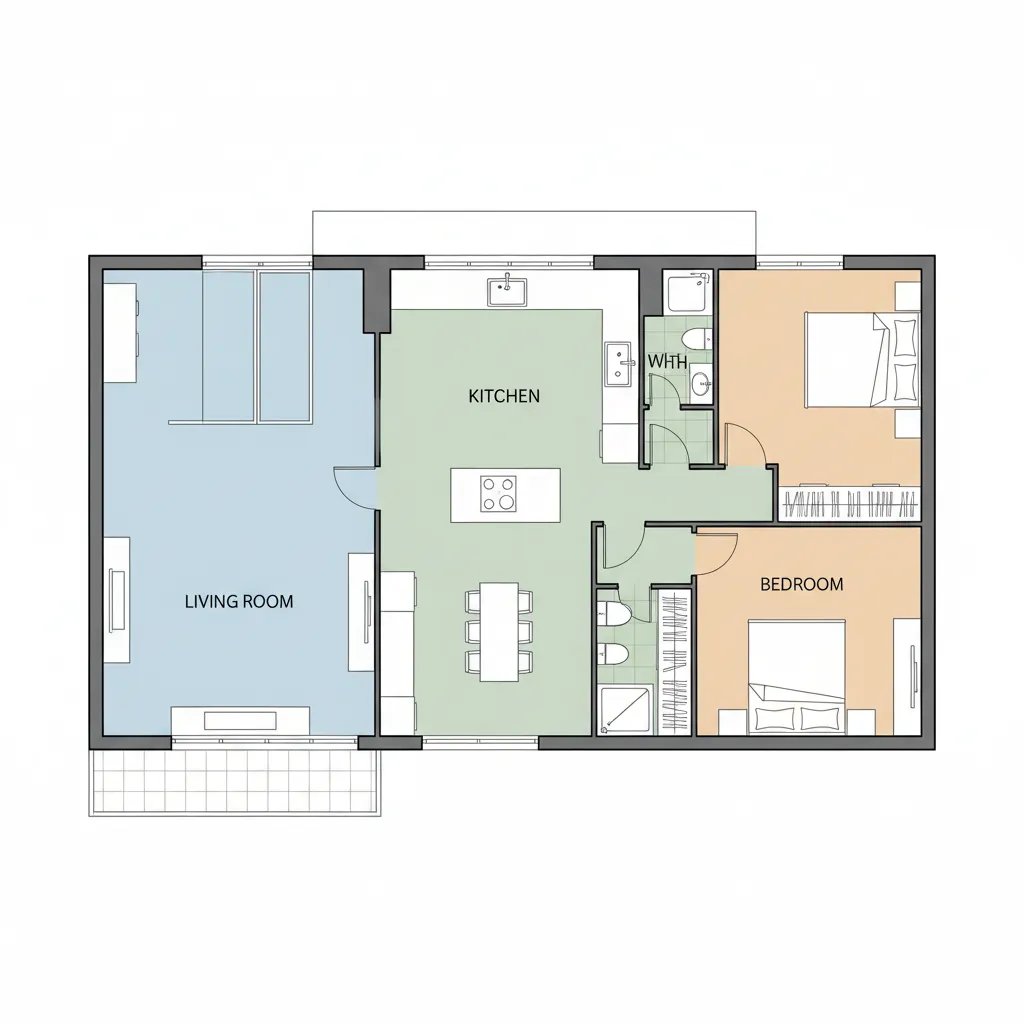 Colored 2D floor plan showing room layout for living room kitchen and two bedroom areas
