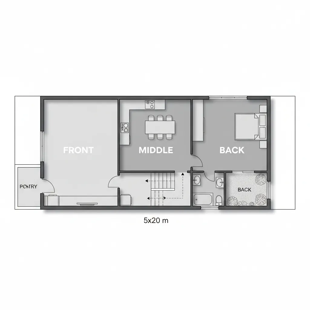 Diagram zonasi rumah memanjang depan tengah belakang