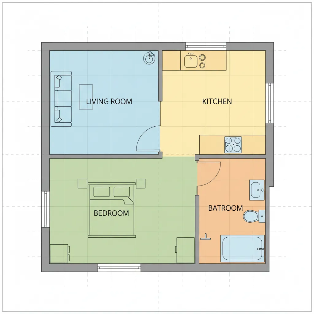 Diagram zonasi ruang pada denah rumah 8x8