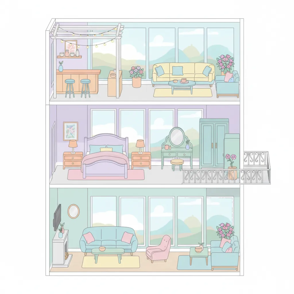 Ilustrasi zonasi lantai rumah Barbie dengan ruang tamu, kamar tidur dan rooftop