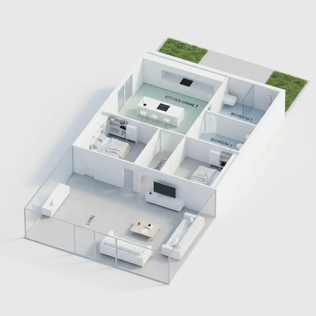 Minimalist white house interior design drawing with labeled living room kitchen bathroom and two bedrooms
