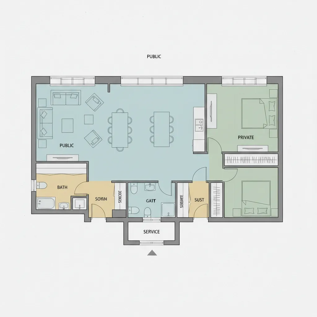 Colored 2D floor plan showing living area, two bedrooms, kitchen, bathroom, and a room layout