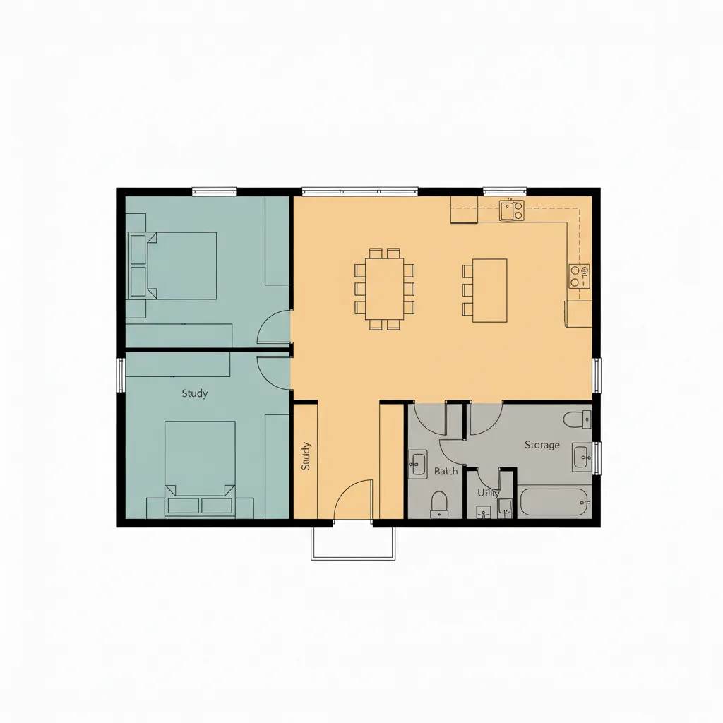Coohom interior design drawing showing color coded zones for bedrooms kitchen living and storage areas
