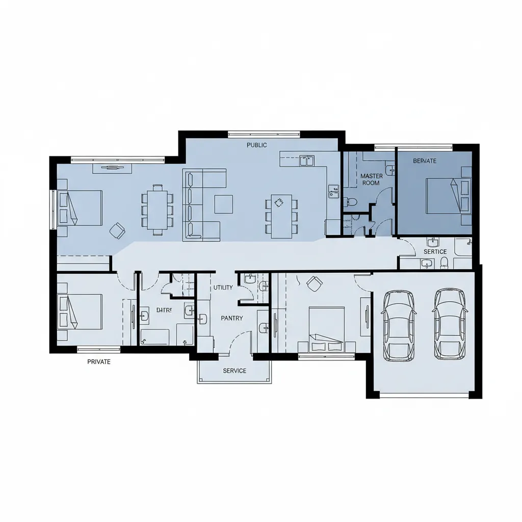 Diagram zonasi rumah dengan area publik privat dan servis