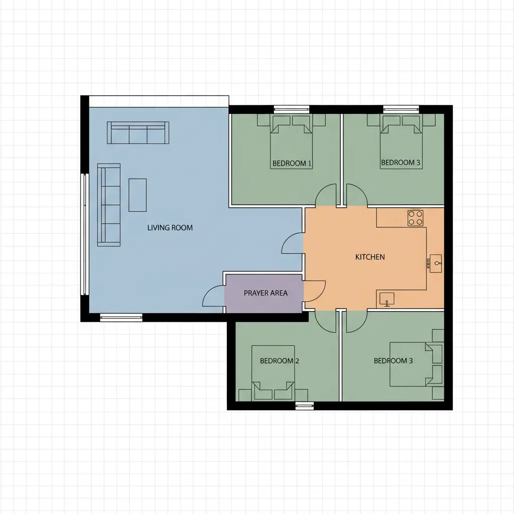 Modern 2D floor plan layout including three bedrooms kitchen living room and small prayer area