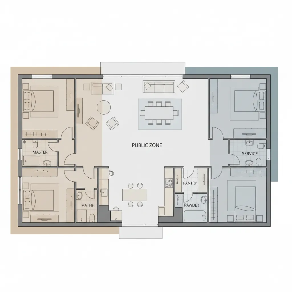 diagram zonasi rumah dengan area publik privat dan servis