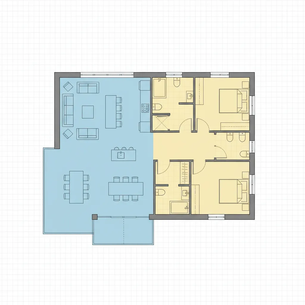 Color coded 2D floor plan showing living areas in blue and private bedrooms in yellow