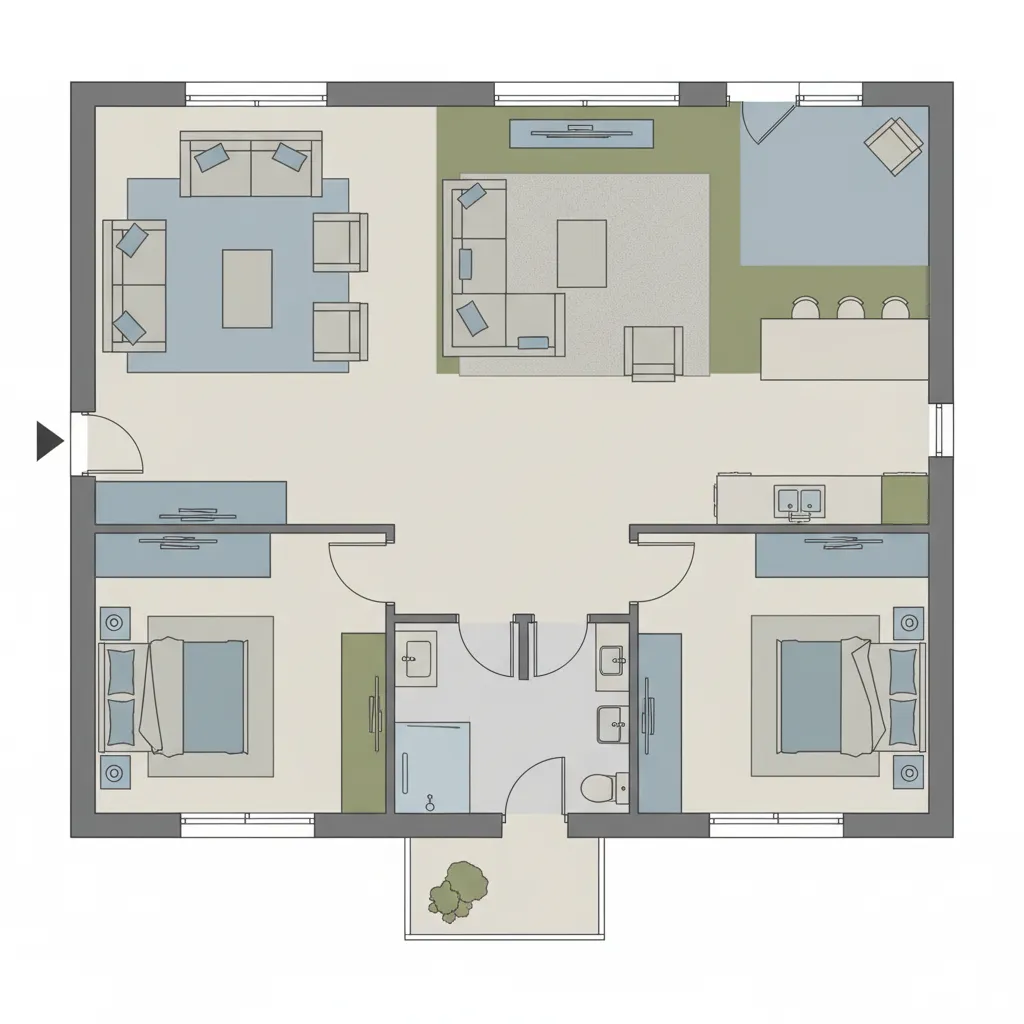 Simple room layout showing a house floor plan with two bedrooms living area and kitchen