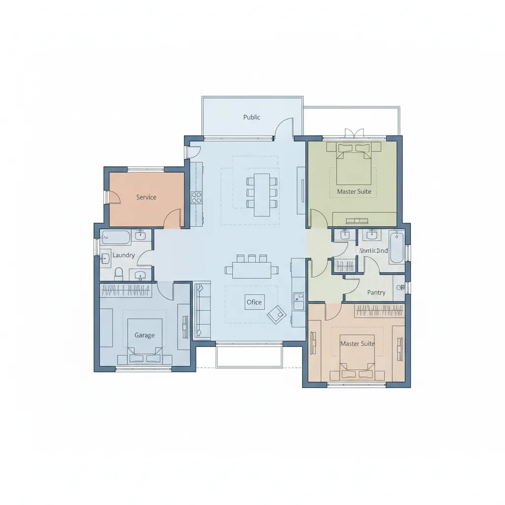 Colorful 2D floor plan showing garage master suite office service area laundry and public layout