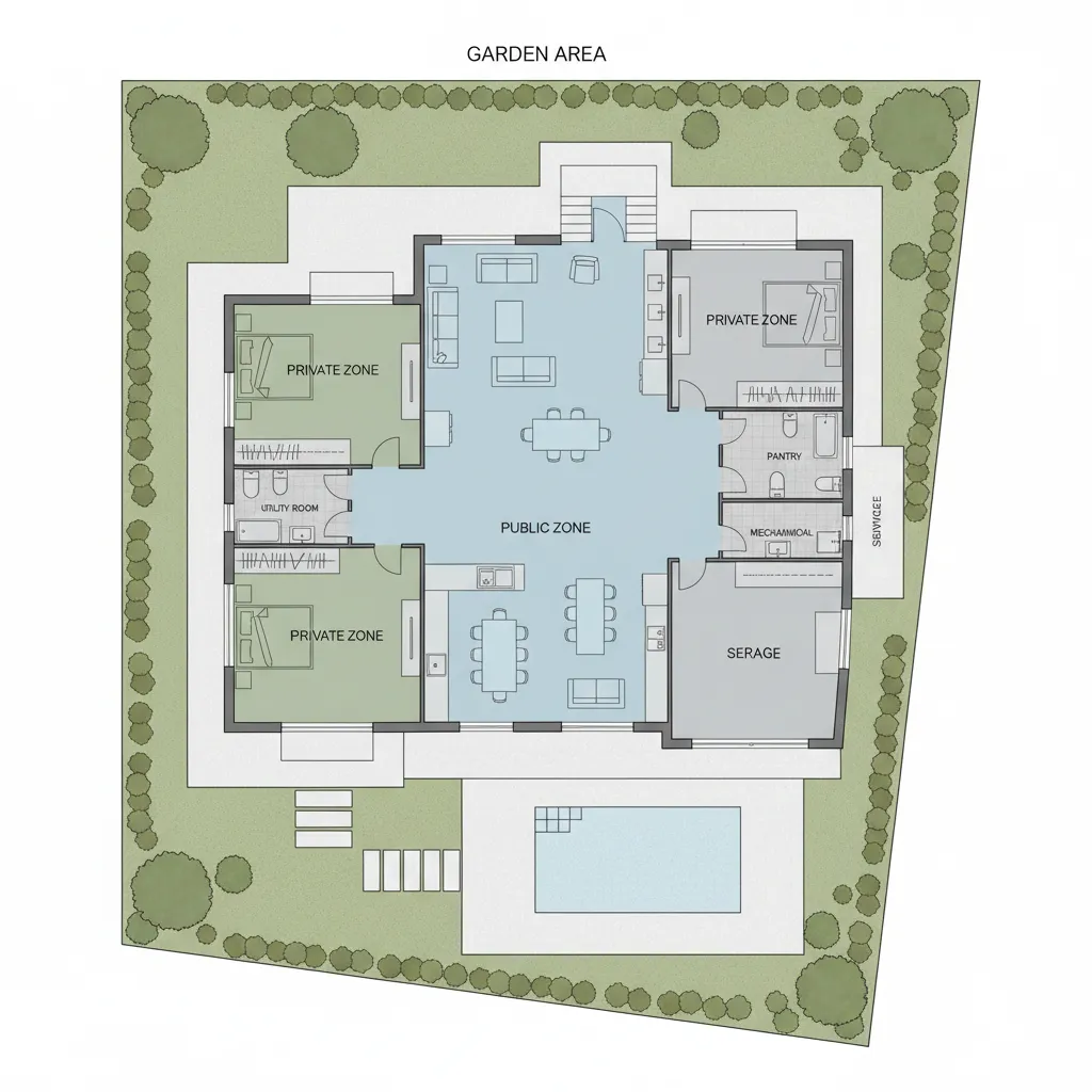 Interior design drawing showing room layout with public zone private zone swimming pool and garden