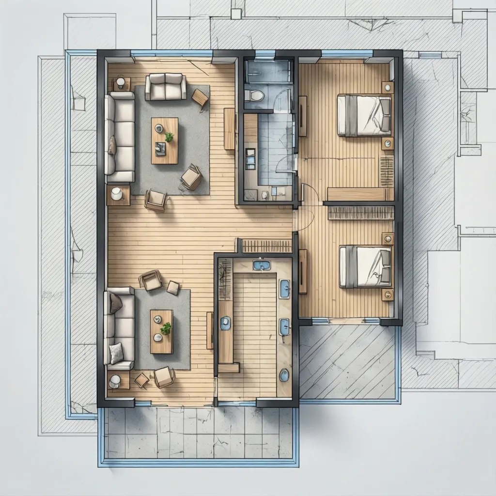 A 2D floor plan layout showing two bedrooms living areas kitchen bathroom and wooden flooring