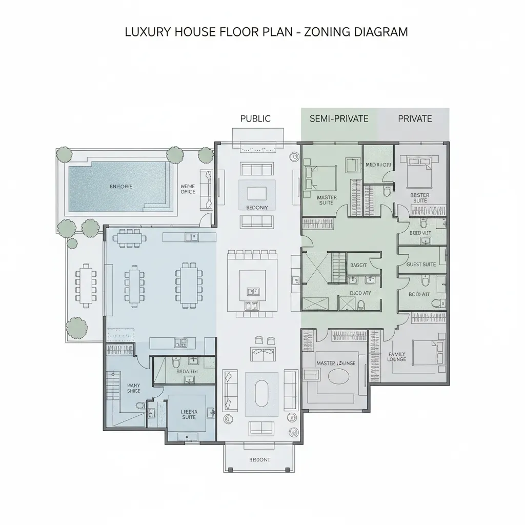 Diagram zonasi rumah besar dengan area publik dan privat