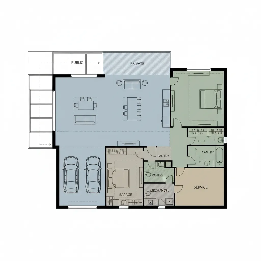 Color coded house room layout showing public and private zones with a garage and bedroom
