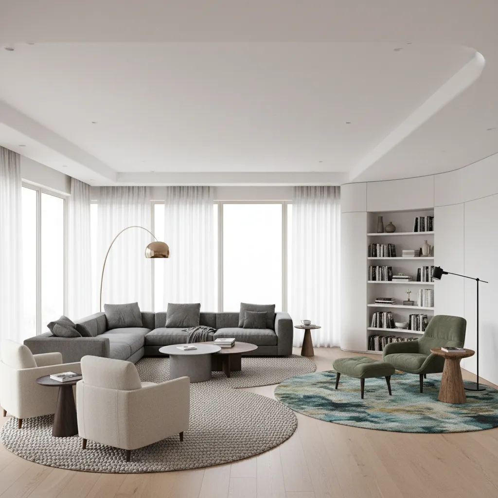 Large irregular room divided into seating and reading zones with rugs and lighting