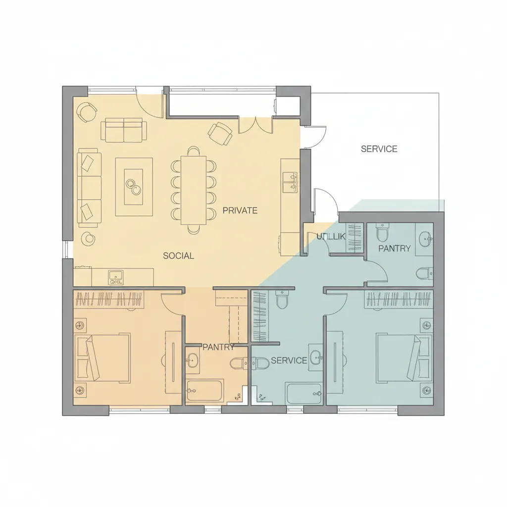 diagrama simples mostrando zonas social íntima e serviço em planta de casa