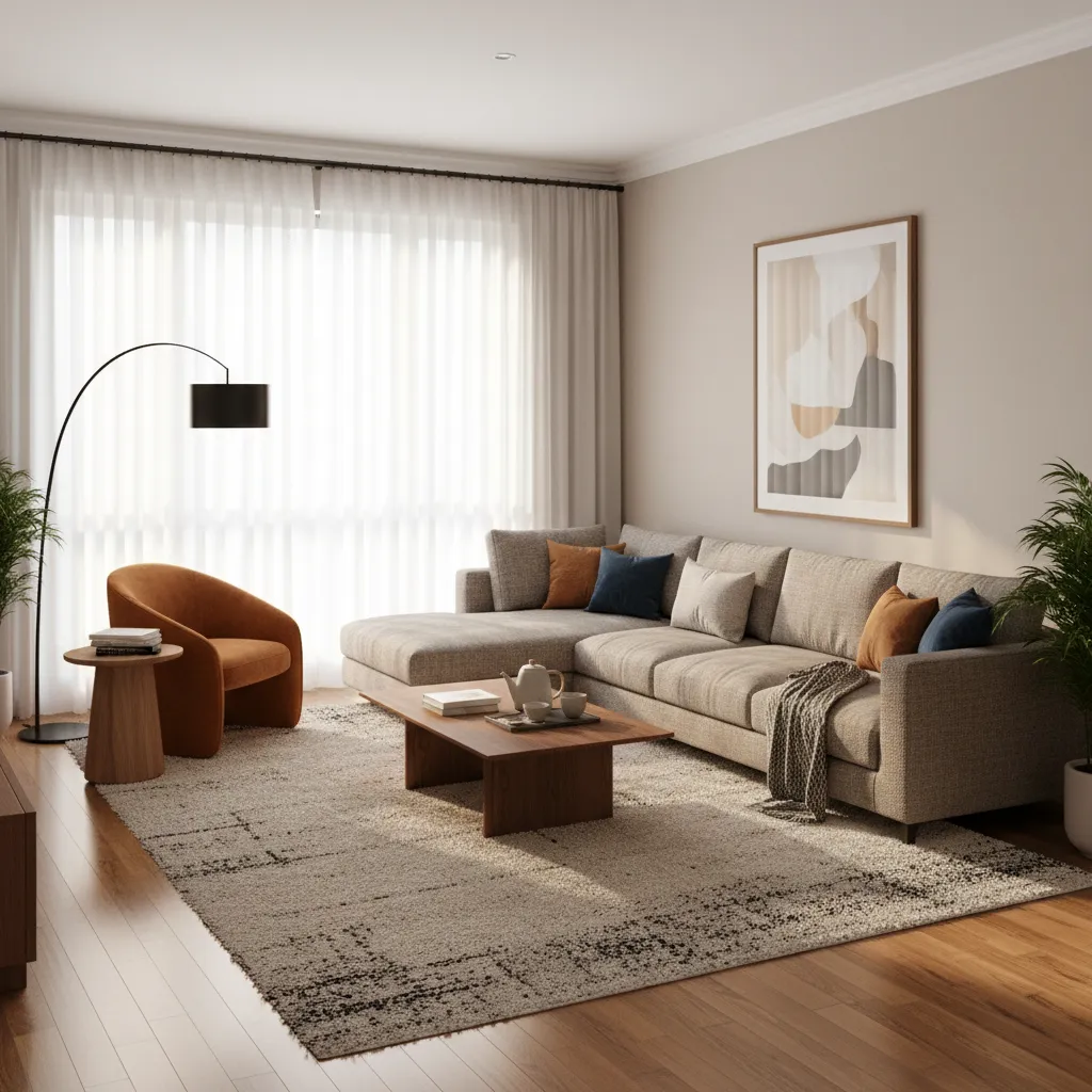 24 x 17 living room divided into seating zone and reading corner