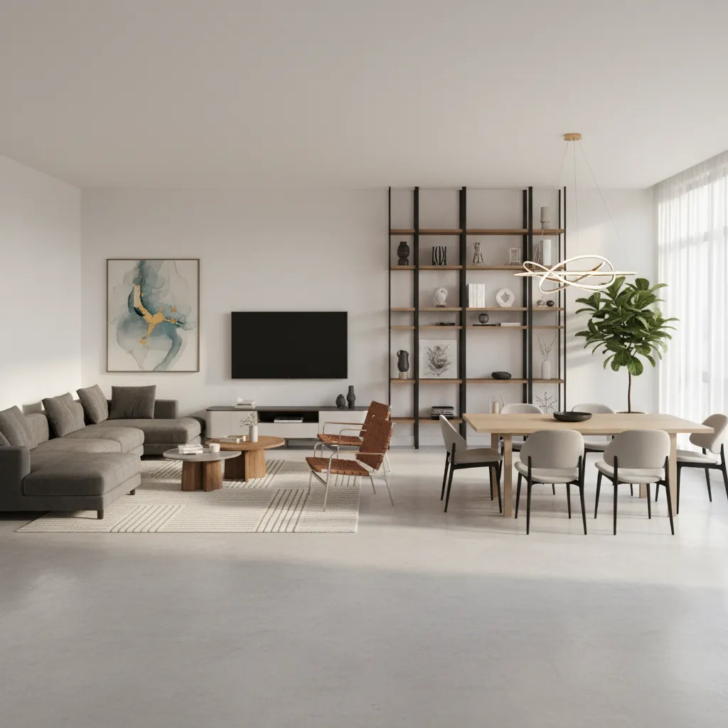 zoned layout dividing a 25x25 room into living and dining areas