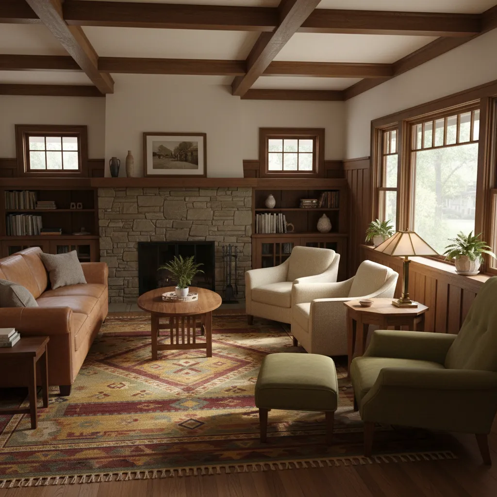 Bungalow living room with multiple zones including seating and reading corner