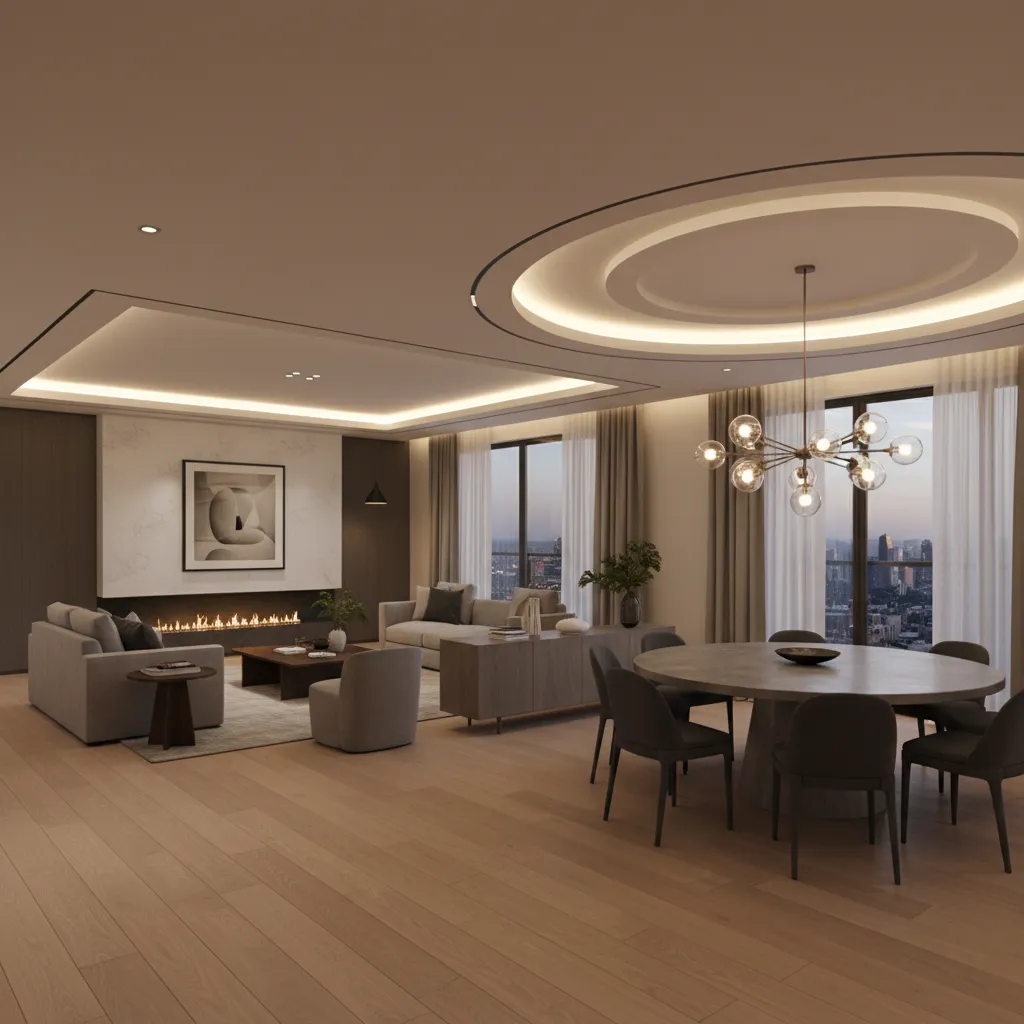 zoned ceiling design separating living and dining areas in L shaped hall
