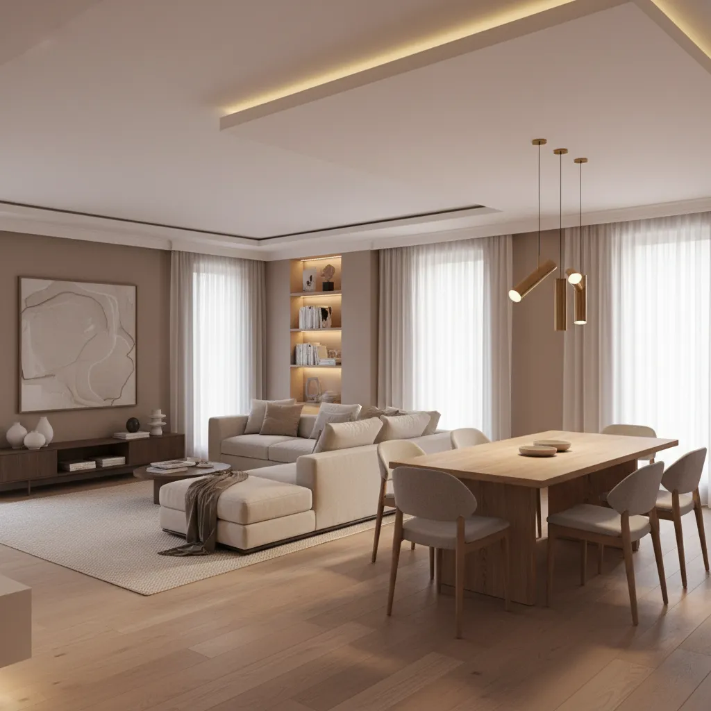L shaped living room with separate ceiling zones for sofa area and dining table