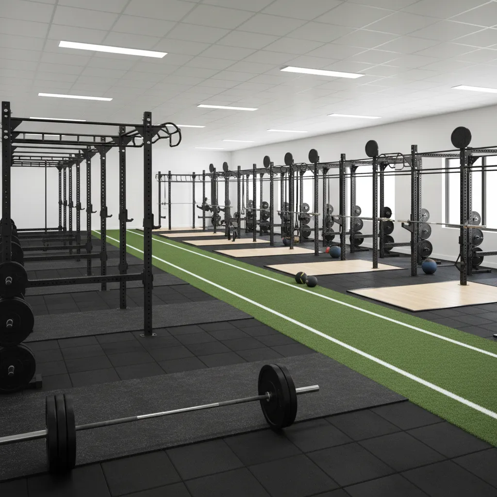 Commercial gym interior with different flooring zones including rubber tiles turf and lifting platform
