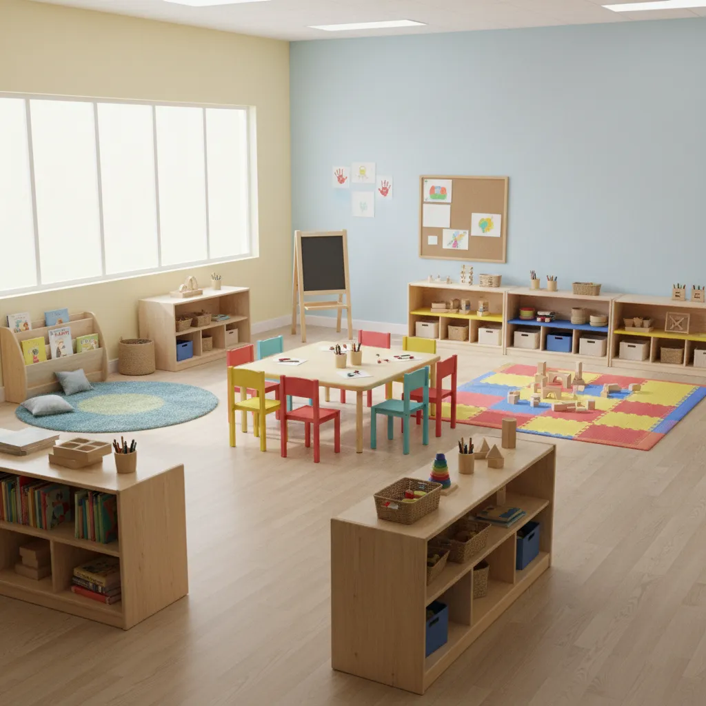 Zoned daycare classroom with reading corner art table and block play area