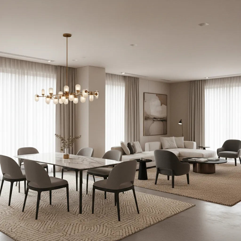 Open space zoning using rug and chandelier between living room and dining area
