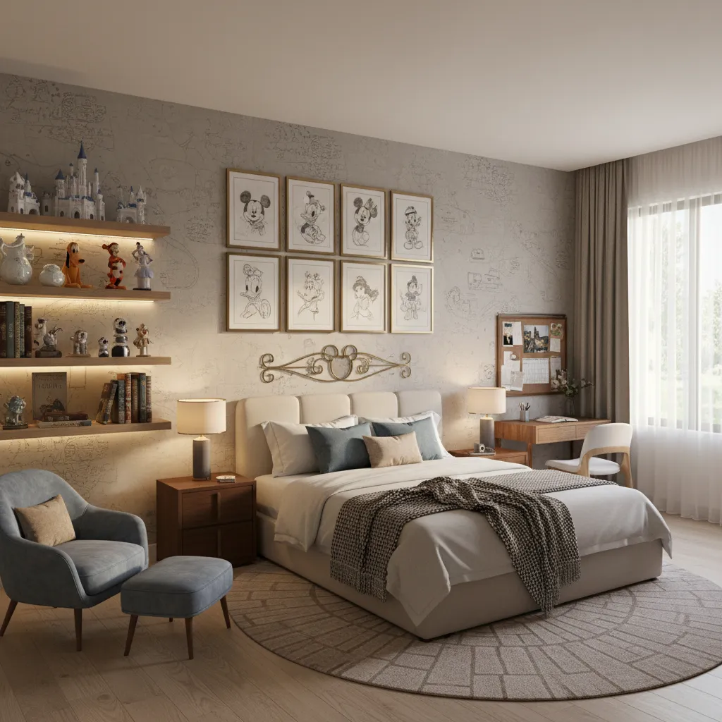 Disney themed bedroom layout showing display wall and neutral furniture zones