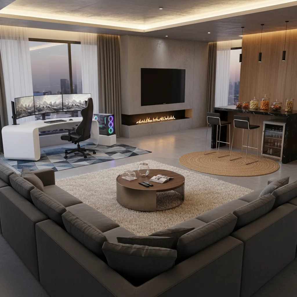 Entertainment room with clearly defined seating, gaming, and snack zones