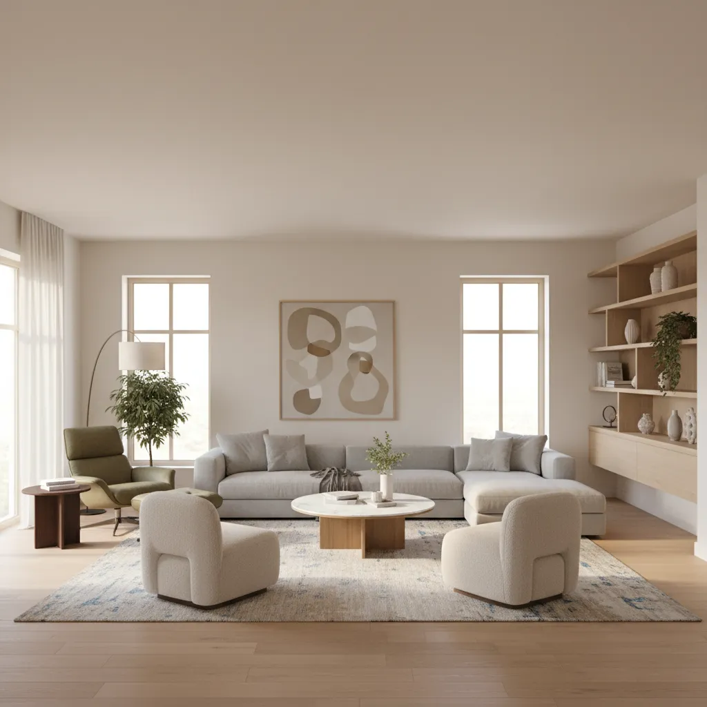 Large living room divided into seating zones using rugs and furniture