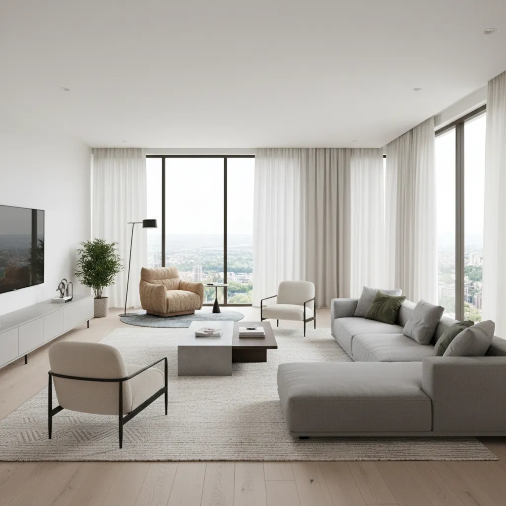 large living room divided into seating zones with rugs