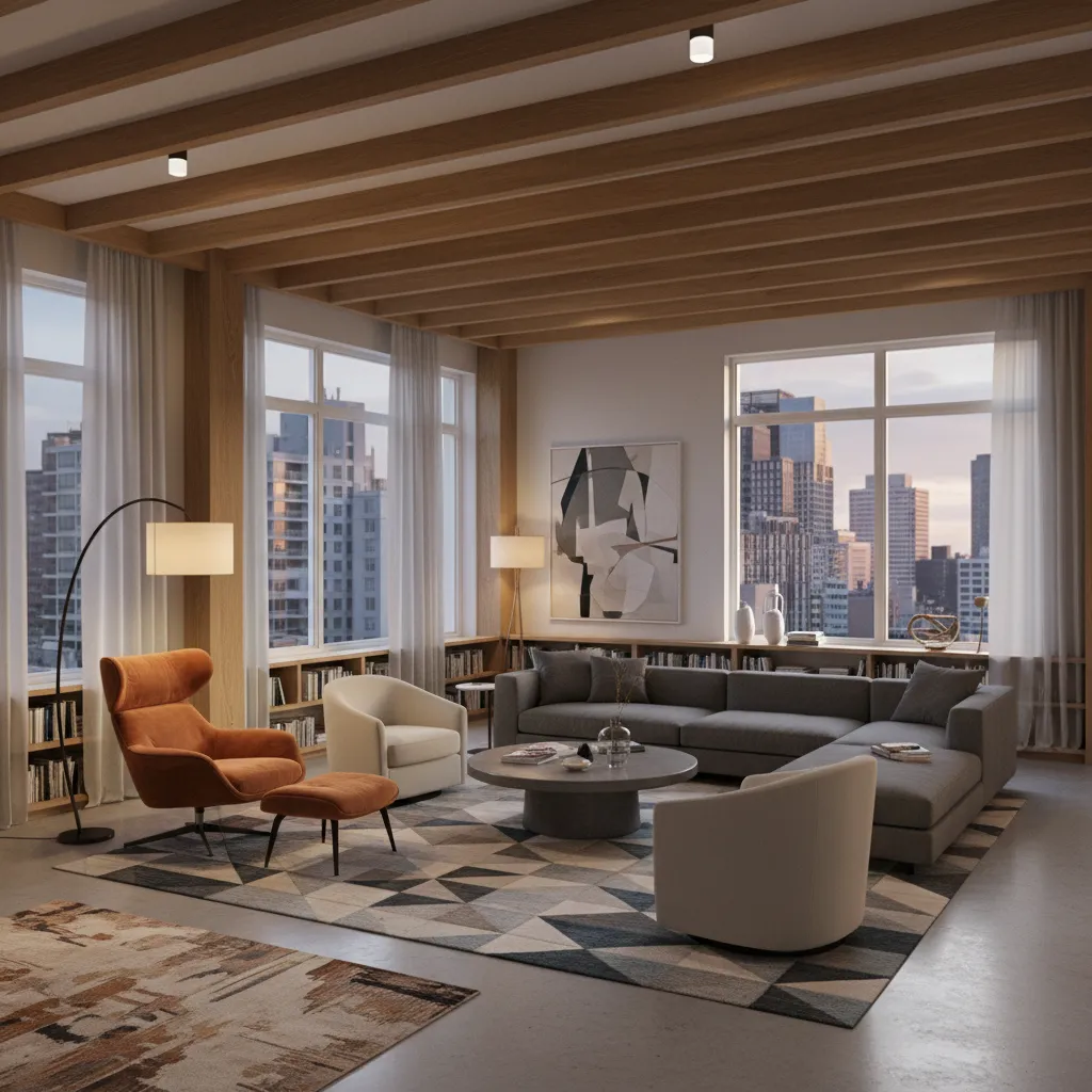 Large living room divided into conversation and reading zones