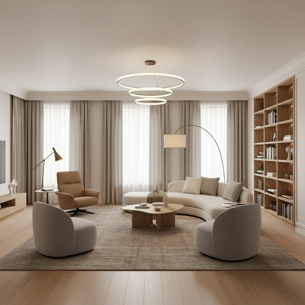 Irregular living room divided into zones using rugs and lighting