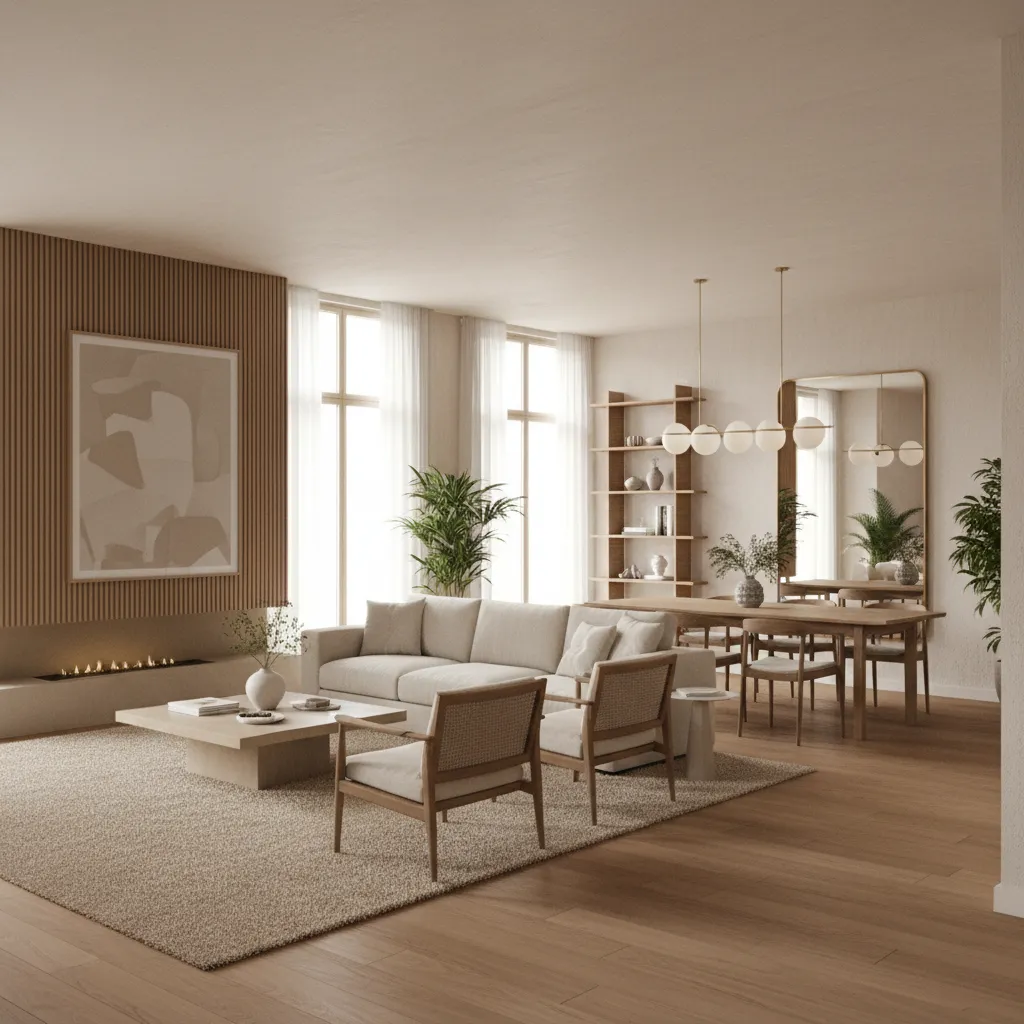 Living and dining zones separated with rug and lighting