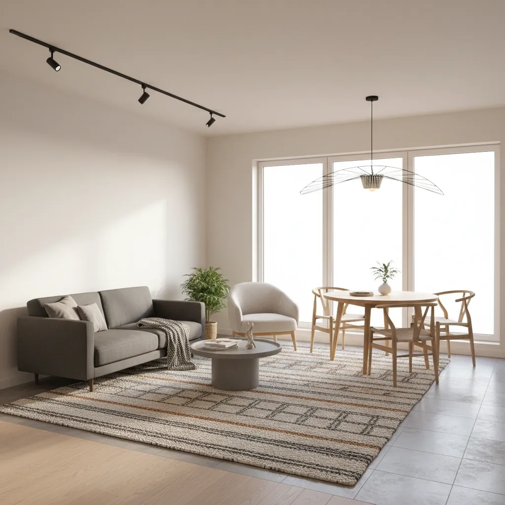 Modern open plan room with grey sofa round coffee table wooden chairs and patterned rug