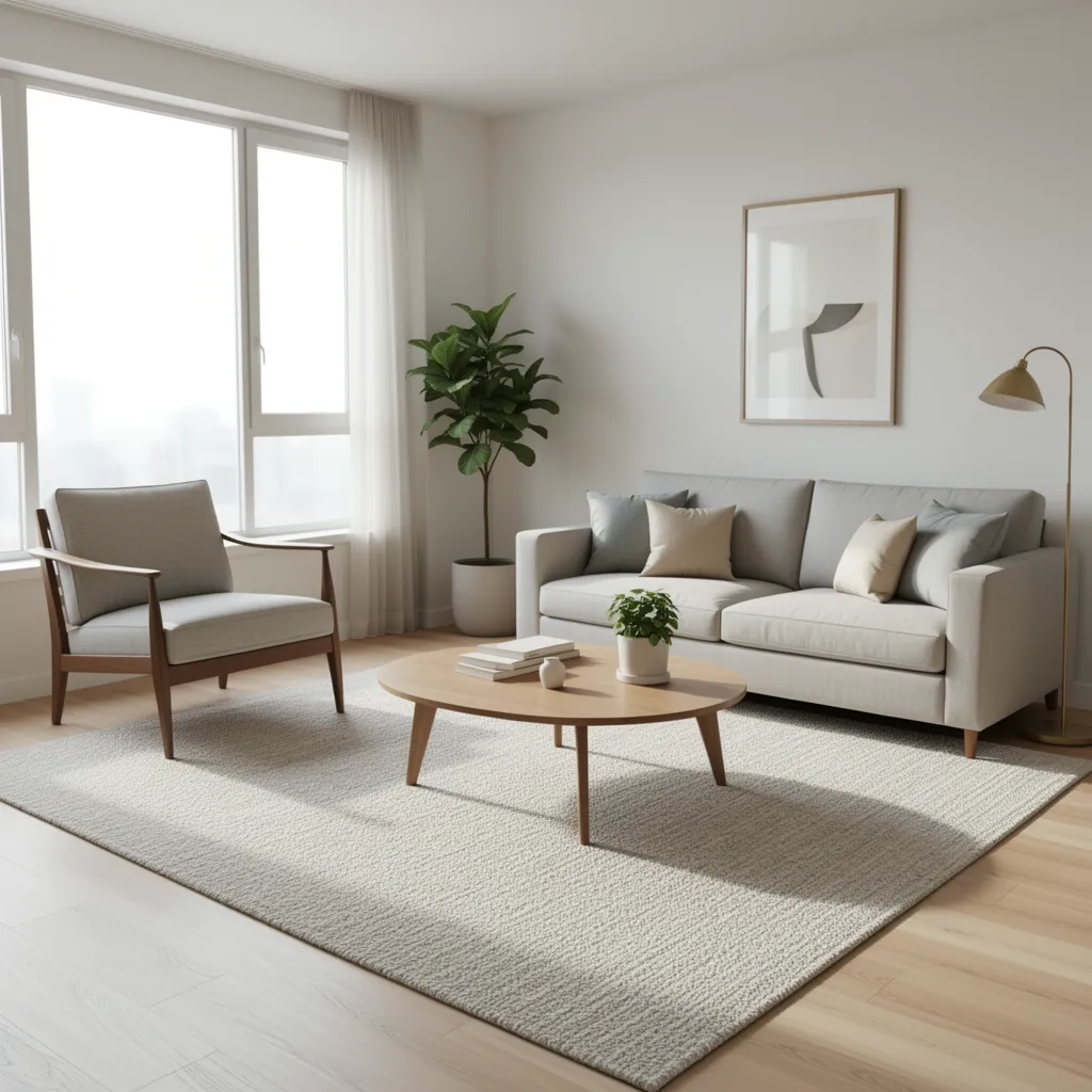 Living room divided into seating and reading zones using rugs and furniture