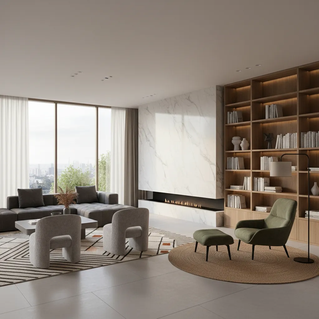 Large living room divided into seating and reading zones